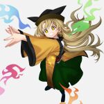  1girl bangs black_headwear blonde_hair constellation_print full_body green_skirt grin hat highres keiki8296 long_hair long_sleeves matara_okina skirt smile solo standing tabard touhou wide_sleeves yellow_eyes 