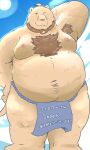  2022 anthro armpit_hair asian_clothing belly big_belly blue_clothing blue_fundoshi blue_underwear body_hair brown_body clothing dain_4201 east_asian_clothing eyes_closed fundoshi hi_res japanese_clothing japanese_text kemono male mammal moobs navel nipples solo text text_on_clothing text_on_underwear underwear ursid 