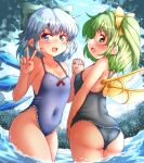  2girls ass black_one-piece_swimsuit blue_bow blue_eyes blue_hair blue_one-piece_swimsuit blush bow cirno collarbone covered_navel cowboy_shot daiyousei day detached_wings fairy fairy_wings green_eyes green_hair hair_bow highres ice ice_wings long_hair multiple_girls one-piece_swimsuit open_mouth short_hair side_ponytail smile swimsuit touhou v wings yoriyuki_chiyo 