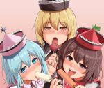  3girls baketsuya bangs blonde_hair blue_eyes blue_hair blush brown_eyes brown_hair candy eating food food_in_mouth frilled_hat frills hair_between_eyes half-closed_eyes hat highres holding holding_candy holding_food holding_lollipop ice_cream licking lollipop looking_at_viewer lunasa_prismriver lyrica_prismriver medium_hair melting merlin_prismriver multiple_girls nose_blush paid_reward_available parted_bangs popsicle saliva seductive_smile sexually_suggestive siblings sisters smile tongue tongue_out touhou yellow_eyes 