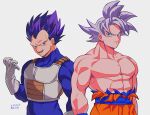  2boys abs armor closed_mouth commentary_request dated dougi dragon_ball dragon_ball_super ear_ornament gloves grey_hair hand_up looking_at_viewer male_focus multiple_boys muscular muscular_male no_eyebrows no_nipples open_mouth pectorals purple_eyes purple_hair saiyan_armor serious simple_background smile son_goku spiked_hair teeth topless_male torn_clothes twitter_username ultra_ego_(dragon_ball) ultra_instinct vegeta white_background white_gloves zero-go 
