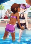  3girls amity_blight bikini blush brown_hair dark-skinned_female dark_skin edalyn_clawthorne happy highres holding holding_newspaper jewelry kiss kissing_nose luz_noceda male_swimwear multiple_girls necklace newspaper pointy_ears purple_hair reading signature smile sunglasses swim_trunks swimsuit the_owl_house twitter_username umbrella vago white_hair yuri 