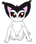  anthro black_body black_fur felid feline female fur genitals hi_res looking_down mammal nude presenting presenting_pussy pussy red_eyes simple_background sitting solo tagme white_body young 