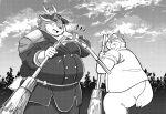  2022 anthro belly big_belly canid canine canis cervid clothed clothing domestic_dog duo hat headgear headwear hi_res kazusa kemono male mammal musashi_(tamacolle) outside overweight overweight_male sv_grart tamacolle 