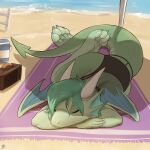  2022 absurd_res anthro beach clothed clothing day detailed_background digital_media_(artwork) dragon eyes_closed green_body hi_res horn louart lying membrane_(anatomy) membranous_wings midriff on_front outside sand seaside signature sleeping solo water wings 
