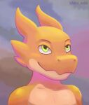  adra_(artist) anthro biped green_eyes hi_res horn humanoid kobold male nude orange_body pivoted_ears scales scalie simple_background smile snout solo 