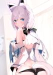  1girl absurdres animal_ears aqua_eyes ass black_panties blush breasts fox_ears fox_girl fox_tail highres hololive large_breasts long_hair looking_at_viewer niku_(hamuchang) panties shirakami_fubuki solo tail underwear virtual_youtuber white_hair 