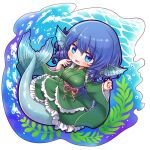  1girl arinu blue_eyes blue_hair blush earrings full_body green_kimono hair_between_eyes head_fins japanese_clothes jewelry kimono long_sleeves mermaid monster_girl obi open_mouth sash short_hair simple_background smile solo touhou wakasagihime white_background wide_sleeves 