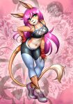  abluedeer anthro breasts clothing female fingerless_gloves gloves green_eyes hair handwear hi_res hybrid jennifer_(abluedeer) midriff navel open_mouth purple_hair solo tail_tuft tuft 