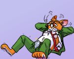  anthro barkinbin belly bodily_fluids bulge clothed clothing eyewear flustered genital_fluids genitals geronimo_stilton geronimo_stilton_(series) glasses half-erect hi_res male mammal mouse murid murine necktie partially_clothed penis precum rodent solo spread_legs spreading 