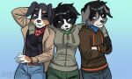  2020 abluedeer anthro black_hair black_nose breasts canid canine canis clothed clothing domestic_dog female gradient_background group hair male mammal simple_background trio 
