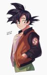  1boy belt black_eyes black_hair casual commentary_request cropped_torso dated dragon_ball dragon_ball_super green_pants hand_in_pocket jacket letterman_jacket male_focus number_print open_clothes open_jacket orange_jacket pants pectoral_cleavage pectorals print_jacket shirt simple_background solo son_goku spiked_hair twitter_username upper_body white_background white_shirt zero-go 