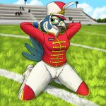  1:1 anthro avian bird boots bottomless breasts clitoris clothed clothing exhibitionism falcon falconid feathers female fish_birb footwear formal genitals hat headgear headwear hi_res katie_(fish_birb) knee_highs legwear marching marching_band_uniform no_underwear pantsless partially_clothed peregrine_falcon pinup pose public pussy sitting solo uniform wariza 