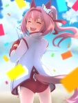  1girl :d animal_ears blue_sky bow buruma closed_eyes cloud commentary_request confetti cowboy_shot ear_bow ear_covers facing_back facing_viewer from_behind gloves happy happy_tears haru_urara_(umamusume) headband highres horse_ears horse_girl horse_tail jacket long_hair long_sleeves open_mouth pink_hair ponytail red_buruma red_gloves red_headband sky smile solo tail tail_through_clothes tears thin_(suzuneya) umamusume white_bow white_jacket zipper 