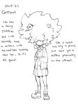  1girl afro animal_on_head birdhouse character_name character_profile english_commentary english_text ge-b greyscale hair_over_eyes huge_afro monochrome on_head original pleated_skirt shoes skirt sneakers solo 