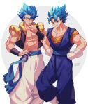  2boys abs blue_eyes blue_hair blue_sash closed_mouth collarbone commentary_request dragon_ball dragon_ball_super earrings gloves gogeta grey_background grin hand_on_hip hand_up hands_on_hips highres jewelry looking_at_viewer male_focus metamoran_vest multiple_boys pants pectorals potara_earrings sash smile spiked_hair standing super_saiyan super_saiyan_blue thumb_to_mouth two-tone_background vegetto white_background white_gloves white_pants zero-go 