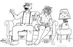 2021 anthro breasts clothed clothing domestic_ferret duo eyes_closed facial_markings female food furniture head_markings laugh leofhild male mammal markings mask_(marking) mustela mustelid musteline open_mouth plate sofa tegerio true_musteline 