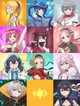  6+girls :d absurdres amane_tsukuyo animal_on_shoulder aqua_eyes arm_up back_cutout bangs binary black_choker black_gloves black_hair blonde_hair blue_eyes blue_gemstone blue_hair blue_headwear blunt_bangs blush braid brown_hair buttons center_frills chiaki_riko chinese_clothes choker chun_meiyui circuit_board closed_eyes closed_mouth clothing_cutout coat crop_top double_bun eyepatch fingerless_gloves flower flute frills gem gloves goggles goggles_on_head green_eyes green_gemstone green_hair grey_eyes grey_hair hair_bun hair_over_one_eye hair_ribbon hairband half-closed_eyes hat head_scarf heart highres homocacti hood hood_down hoodie ibuki_leila instrument japanese_clothes jewelry kazari_jun kimono kirino_sae_(madoka_magica) long_hair looking_at_viewer magia_record:_mahou_shoujo_madoka_magica_gaiden magical_girl mahou_shoujo_madoka_magica mask mikuri_ayame mini_hat miwa_mitsune multiple_girls music necklace open_mouth orange_eyes parted_bangs parted_lips pink_coat pink_eyes pink_hair playing_instrument ponytail portrait red_gemstone red_hoodie red_kimono ribbon serious shinobu_akira_(madoka_magica) short_bangs short_hair shrug_(clothing) sidelocks sleeveless smile smirk star_(symbol) stuffed_squid suzuka_sakuya swept_bangs teeth togame_momoko trait_connection twin_braids twintails two-tone_cloak two_side_up upper_teeth wavy_hair white_hoodie white_ribbon 