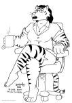 2021 anthro beverage black_and_white breasts clothed clothing coffee dr._river_banks felid fur hair hi_res male mammal monochrome pantherine solo striped_body striped_fur stripes tegerio tiger 