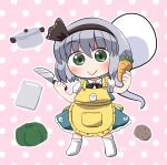  1girl apron black_hairband black_ribbon blush carrot closed_mouth collared_shirt food full_body green_eyes green_skirt green_vest hair_between_eyes hair_ribbon hairband hitodama holding holding_food holding_knife holding_vegetable knife konpaku_youmu konpaku_youmu_(ghost) pink_background polka_dot polka_dot_background ribbon rokugou_daisuke shirt short_hair short_sleeves signature skirt smile solo touhou vegetable vest white_hair white_shirt yellow_apron 