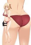  1girl absurdres arm_behind_back ass ass_focus back bangs bikini blonde_hair blush breasts cleavage closed_mouth dimples_of_venus facing_away finger_to_mouth from_behind gun hair_ribbon hand_up handgun highres holster index_finger_raised legs looking_at_viewer lower_body lycoris_recoil medium_breasts multiple_views navel nishikigi_chisato one_side_up red_bikini red_eyes red_ribbon ribbon short_hair shushing simple_background smile stomach swimsuit tetsuado thigh_holster thighs underboob weapon white_background 