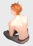  1boy back bangs blue_eyes closed_mouth earrings from_behind genshin_impact grey_background grey_pants hair_between_eyes jewelry kanapy looking_at_viewer looking_back male_focus orange_hair pants scar scar_on_back simple_background single_earring sitting solo tartaglia_(genshin_impact) topless_male 