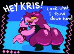  anthro big_breasts big_butt bottomwear bracelet breasts butt clothing collar crouching deltarune dinosaur dot_eyes english_text exclamation_point female footwear hair huge_breasts huge_butt jewelry looking_back non-mammal_breasts open_mouth pants purple_body purple_hair reptile scalie shirt shoes solo somescrub susie_(deltarune) text topwear undertale_(series) video_games yellow_sclera 