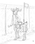  2022 antlers cervid cervid_taur clothed clothing fence flinters greyscale hi_res hooves horn male mammal mammal_taur monochrome open_clothing open_topwear open_vest scut_tail short_tail solo taur topwear vest 