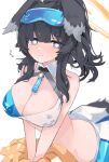  1girl animal_ears bangs bare_shoulders bikini black_hair blue_archive blush breasts cheerleader crop_top detached_collar dog_ears dog_girl dog_tail eyewear_on_head flying_sweatdrops goggles goggles_on_head halo hibiki_(blue_archive) hibiki_(cheerleader)_(blue_archive) highres large_breasts long_hair looking_at_viewer mikozin pom_pom_(cheerleading) simple_background skirt solo swimsuit tail white_background 
