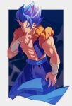  1boy abs blue_eyes blue_hair blue_pants blue_sash border closed_mouth dragon_ball dragon_ball_super gogeta highres looking_at_viewer male_focus metamoran_vest pants pectorals sash serious solo spiked_hair standing super_saiyan super_saiyan_blue thumb_to_mouth white_border wristband zero-go 