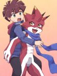  anthro bandai_namco betelgammamon brown_hair carrying claws clothing codpiece digimon digimon_ghost_game duo hair hi_res hiro_amanokawa hoodie horn human male mammal mstdndkkkkk piggyback red_body scarf topwear yellow_eyes 