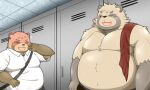  2022 anthro belly big_belly blush brown_body canid canine clothing detailed_background duo eyes_closed hi_res inside kemono male male/male mammal overweight overweight_male raccoon_dog shirt tai_tanuki tanuki topwear towel towel_on_shoulder 