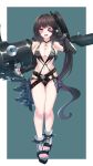  1girl 4tb_(4tera_byte) absurdres architect_(girls&#039;_frontline) architect_(nvw_model)_(girls&#039;_frontline) bangs bikini black_gloves black_hair blush border breasts cleavage commentary elbow_gloves full_body girls&#039;_frontline gloves green_background highres holding holding_weapon large_breasts linea_alba long_hair looking_at_viewer navel open_mouth outside_border red_eyes sangvis_ferri side_ponytail simple_background solo standing swimsuit toeless_footwear v very_long_hair weapon white_border 