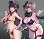  2girls bikini black_bikini black_scarf blonde_hair fate/grand_order fate_(series) hololive houshou_marine long_hair medium_hair multiple_girls navel okita_j._souji_(fate) okita_souji_(fate) red_bikini red_hair scarf suishougensou swimsuit 