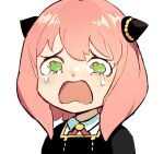  1girl among_us among_us_eyes_(meme) anya_(spy_x_family) bangs blush commentary crying crying_with_eyes_open eden_academy_uniform female_child green_eyes hairpods horn_ornament horns medium_hair meme neck_ribbon nycnouu open_mouth pink_hair red_ribbon ribbon school_uniform simple_background solo spy_x_family tears upper_body white_background 