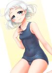  1girl absurdres blue_eyes blue_one-piece_swimsuit breasts collarbone covered_navel hand_on_own_chest highres kantai_collection lips looking_at_viewer makura_(y_makura) natsugumo_(kancolle) old_school_swimsuit one-piece_swimsuit school_swimsuit short_hair sitting small_breasts smile solo swimsuit white_hair 
