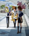  absurd_res agumon bandai_namco biyomon bottomwear brown_hair clothing digimon digimon_(species) embrace fangs female gabumon group hair hi_res hug human ishida_yamato male mammal matt_ishida official_art school_uniform short_hair skirt smile sora_takenouchi taichi_kamiya uniform yagami_taichi 