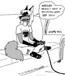 2022 anthro canid canine clothed clothing controller dialogue english_text female fox furniture game_controller half-closed_eyes hi_res mammal narrowed_eyes open_mouth pawpads rina_(runei) sofa solo tegerio text whiskers 