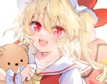  1girl :d blonde_hair fangs flandre_scarlet hair_between_eyes hat highres holding holding_stuffed_toy mob_cap one_side_up open_mouth paragasu_(parags112) pointy_ears red_eyes smile solo stuffed_animal stuffed_toy teddy_bear touhou wings wrist_cuffs 