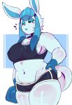  anthro blue_body blue_eyes breasts clothed clothing eeveelution female generation_4_pokemon glaceon hanaarts hi_res looking_at_viewer nintendo pokemon pokemon_(species) pokemorph solo thick_thighs video_games 