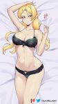  1girl arm_up bare_arms bare_shoulders bed_sheet blonde_hair bra commentary cowboy_shot damodar hand_up highres isekai_ojisan long_hair looking_at_viewer lying navel on_back panties pointy_ears solo stomach sui_(isekai_ojisan) thighs underwear underwear_only yellow_eyes 