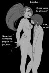  anthro black_background blush breasts covering covering_crotch dialogue duo fangs female fish frisk_(undertale) gills greyscale haaru human laugh male mammal marine monochrome nipples nude simple_background undertale undertale_(series) undyne video_games 
