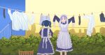  2girls absurdres apron aqua_eyes artist_request asakura_toru black_hair clothesline commentary_request drying drying_clothes frilled_apron frills fukumaru_koito grey_hair hands_on_hips highres idolmaster idolmaster_shiny_colors maid maid_apron maid_headdress multiple_girls shirt short_hair twintails v white_apron white_shirt 