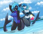  2022 absurd_res ambris anthro arm_under_breasts ball beach_ball bikini blue_eyes blue_hair breasts clothing ear_piercing erika_(ambris) female fish furgonomics furry-specific_piercing grin hair hi_res inflatable looking_at_viewer marine one-piece_swimsuit partially_submerged piercing shark short_hair side-tie_bikini smile solo swimwear tail_piercing water yellow_eyes 