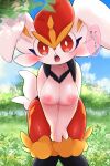  2:3 anthro areola big_breasts blush breasts cinderace detailed detailed_background dialogue female flower forest forest_background fur generation_8_pokemon hi_res japanese_text lagomorph leporid looking_at_viewer mammal nature nature_background nintendo nipples open_mouth pink_areola pink_nipples plant pokemon pokemon_(species) prrrrrrmine solo talking_to_viewer text translated tree video_games white_body white_fur 