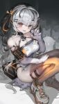  1girl bangs bare_shoulders black_hair breasts cleavage collarbone gloves highres large_breasts long_hair looking_at_viewer multicolored_hair orange_eyes orange_theme original shoes sitting sitting_on_animal smile sneakers solo thighs twintails two-tone_hair voruvoru white_footwear white_gloves white_hair 