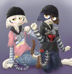  2022 3_toes alternate_color alternate_costume anthro bandolier barefoot beanie ben_day_dots black_clothing blep blush bottomwear breasts brown_body brown_fur calico_cat cellphone clothing cloud_nine_(fortnite) denim denim_clothing domestic_cat duo ear_piercing epic_games eyeshadow feet felid feline felis female fish_hook fist fist_bump fortnite full-length_portrait fur gesture gradient_background grey_body grey_fur half-closed_eyes hat headgear headwear hi_res hoodie jeans jewelry kneeling liet4649 looking_at_viewer makeup mammal meow_skulls_(fortnite) mottled multicolored_body multicolored_fur narrowed_eyes necklace pants phone piebald piercing pink_clothing pink_topwear portrait print_clothing print_topwear purple_background sardine_tin shaded simple_background sitting small_breasts smartphone soft_shading striped_sleeves toes tongue tongue_out topwear torn_bottomwear torn_clothing torn_jeans torn_pants video_games wallet_chain white_body white_fur yellow_eyes 
