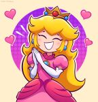  1girl ^_^ ^o^ artist_name blonde_hair clapping closed_eyes crown dress earrings gloves happy heart highres jewelry long_hair mario_(series) pink_dress princess princess_peach solo teeth twitter_username vinny_(dingitydingus) white_gloves 