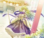  1girl absurdres bangs blue_scarf blue_skirt broom collared_shirt commentary detached_sleeves dutch_angle falling_petals feet_out_of_frame frog_hair_ornament green_eyes green_hair hair_ornament here_(hr_rz_ggg) highres holding holding_broom kochiya_sanae long_hair looking_at_viewer morning open_mouth petals plant scarf shirt shrine single_hair_tube skirt sleeveless sleeveless_shirt smile snake_hair_ornament solo star_(symbol) touhou white_shirt white_sleeves wide_sleeves 