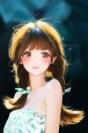 1girl bare_shoulders blurry blurry_background braid brown_eyes brown_hair collarbone dress hair_ribbon highres iro_(iro_252_) long_hair looking_at_viewer original parted_lips photo-referenced ribbon solo strapless strapless_dress twin_braids upper_body 